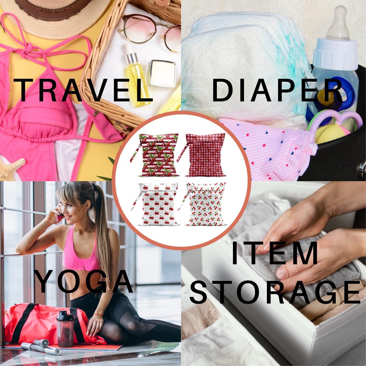 4 Pack Cute Flower Bow Cherry Wet Bag Waterproof Washable Reusable Wet Dry Bag for Swimsuit Clothes Soiled Items Cloth Diaper Travel Beach Pool Yoga Gym Toiletries Travel Beach Essentials