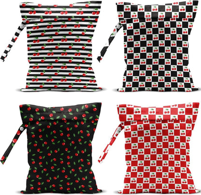 4 Pack Cute Flower Bow Cherry Wet Bag Waterproof Washable Reusable Wet Dry Bag for Swimsuit Clothes Soiled Items Cloth Diaper Travel Beach Pool Yoga Gym Toiletries Travel Beach Essentials