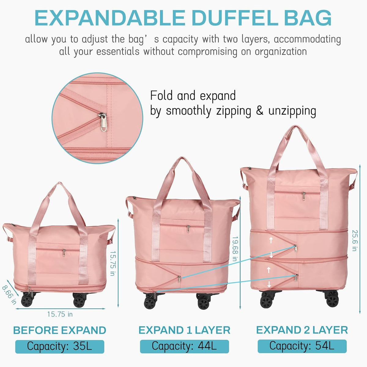 Rolling Duffle Bag with Wheels, Expandable Foldable Duffel Bag with Wheels for Travel, Rolling Luggage Carry on Duffel Bag, Wheeled Travel Duffle Bag, Large Weekend Bag for Women & Men