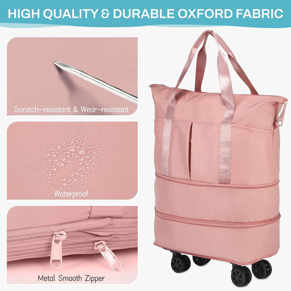 Rolling Duffle Bag with Wheels, Expandable Foldable Duffel Bag with Wheels for Travel, Rolling Luggage Carry on Duffel Bag, Wheeled Travel Duffle Bag, Large Weekend Bag for Women & Men