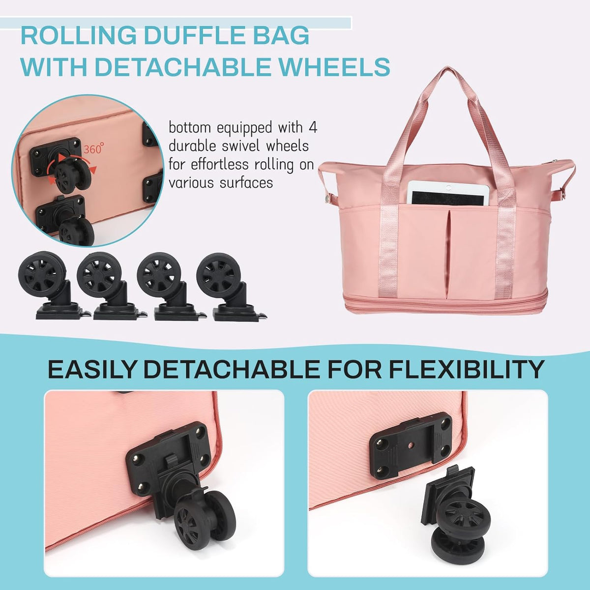 Rolling Duffle Bag with Wheels, Expandable Foldable Duffel Bag with Wheels for Travel, Rolling Luggage Carry on Duffel Bag, Wheeled Travel Duffle Bag, Large Weekend Bag for Women & Men