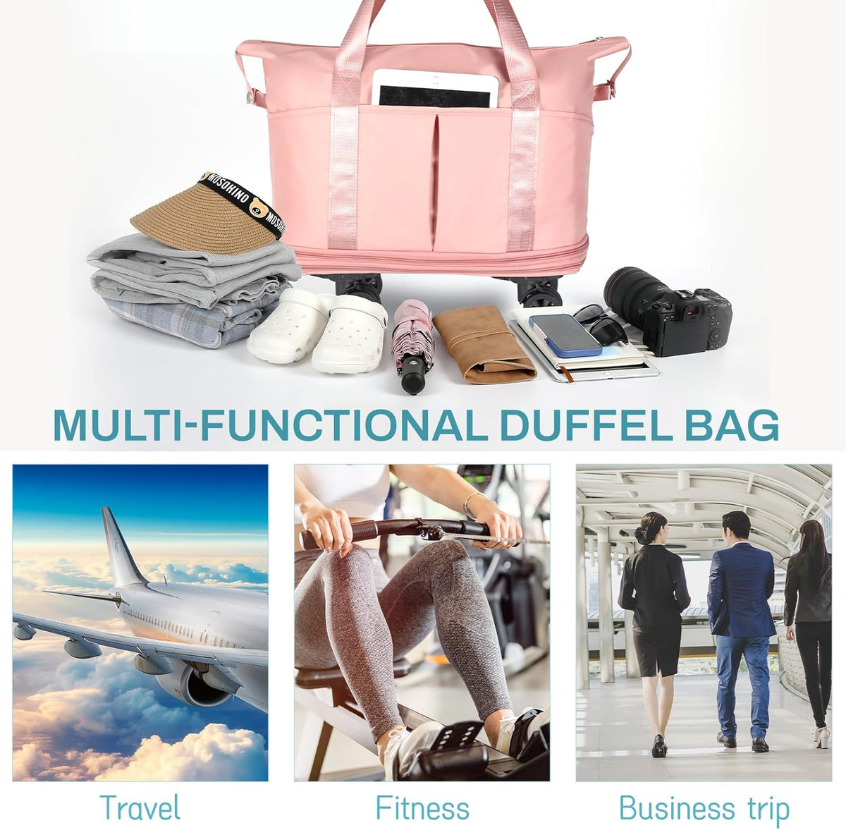 Rolling Duffle Bag with Wheels, Expandable Foldable Duffel Bag with Wheels for Travel, Rolling Luggage Carry on Duffel Bag, Wheeled Travel Duffle Bag, Large Weekend Bag for Women & Men