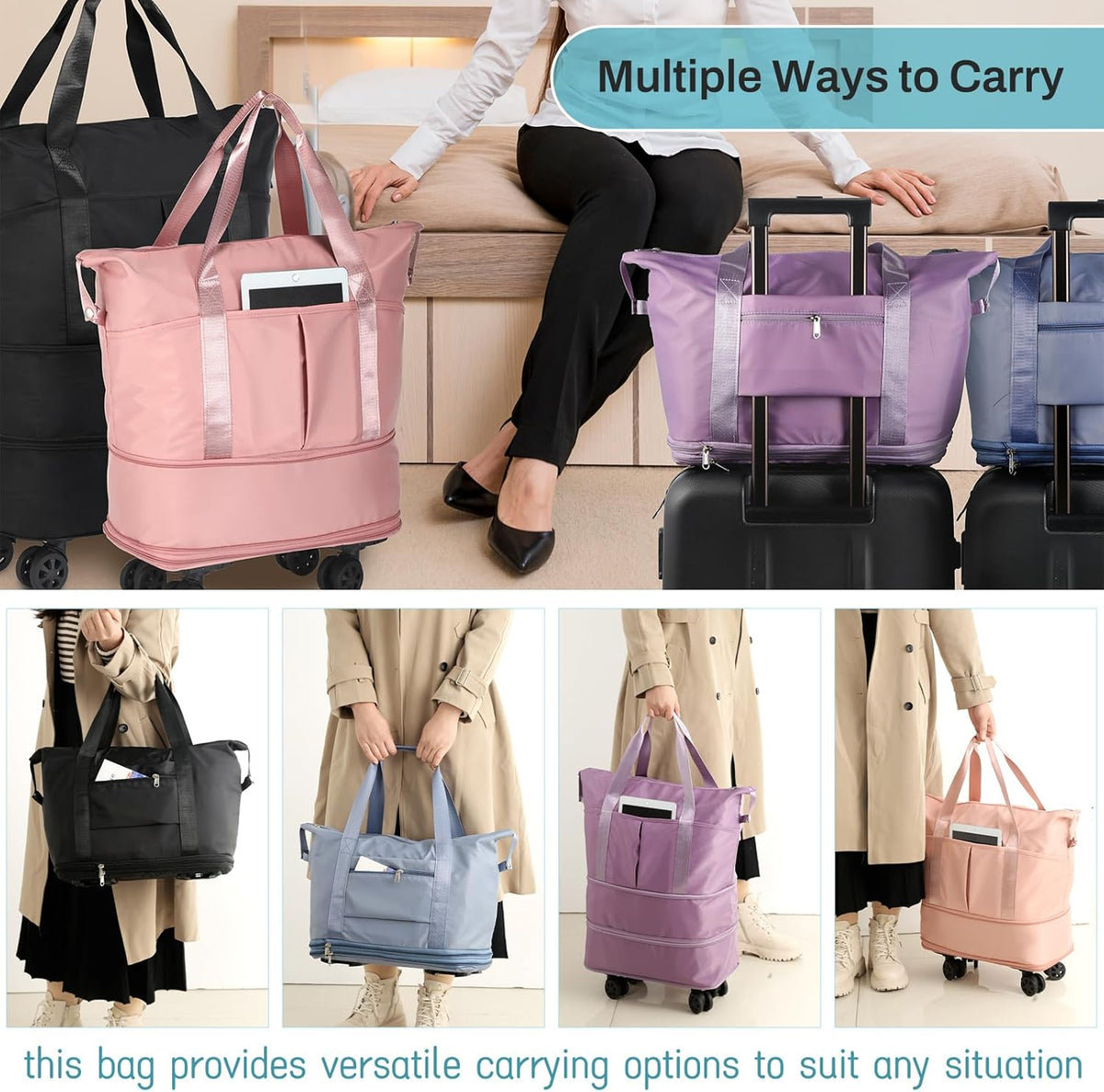 Rolling Duffle Bag with Wheels, Expandable Foldable Duffel Bag with Wheels for Travel, Rolling Luggage Carry on Duffel Bag, Wheeled Travel Duffle Bag, Large Weekend Bag for Women & Men