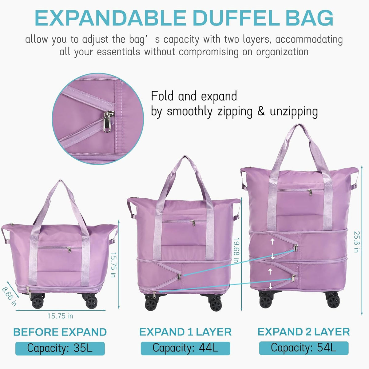 Rolling Duffle Bag with Wheels, Expandable Foldable Duffel Bag with Wheels for Travel, Rolling Luggage Carry on Duffel Bag, Wheeled Travel Duffle Bag, Large Weekend Bag for Women & Men