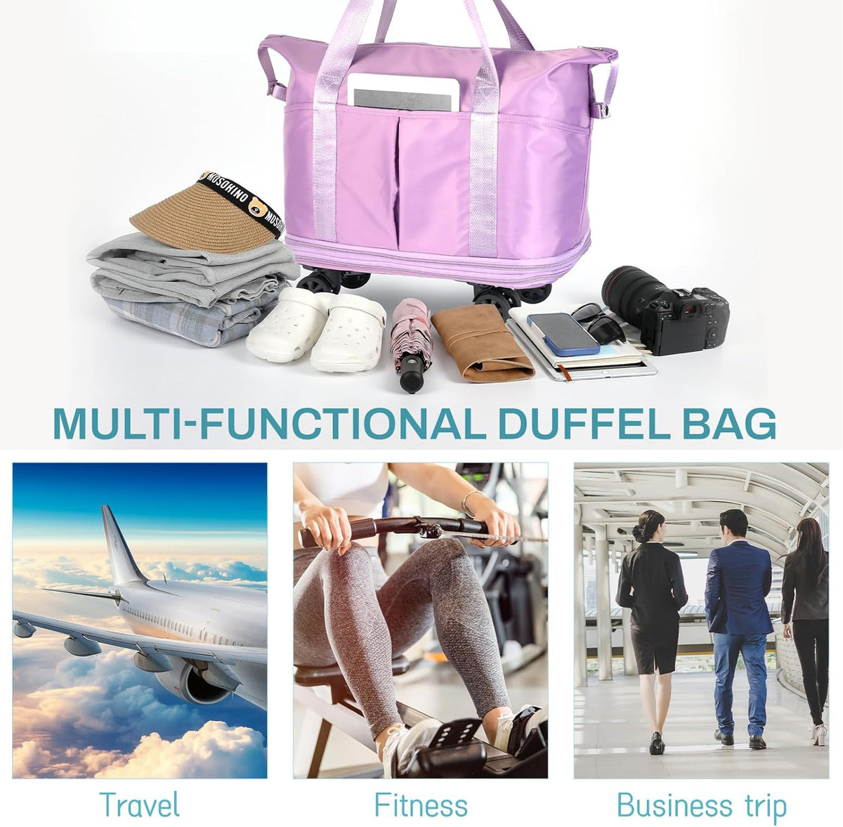 Rolling Duffle Bag with Wheels, Expandable Foldable Duffel Bag with Wheels for Travel, Rolling Luggage Carry on Duffel Bag, Wheeled Travel Duffle Bag, Large Weekend Bag for Women & Men