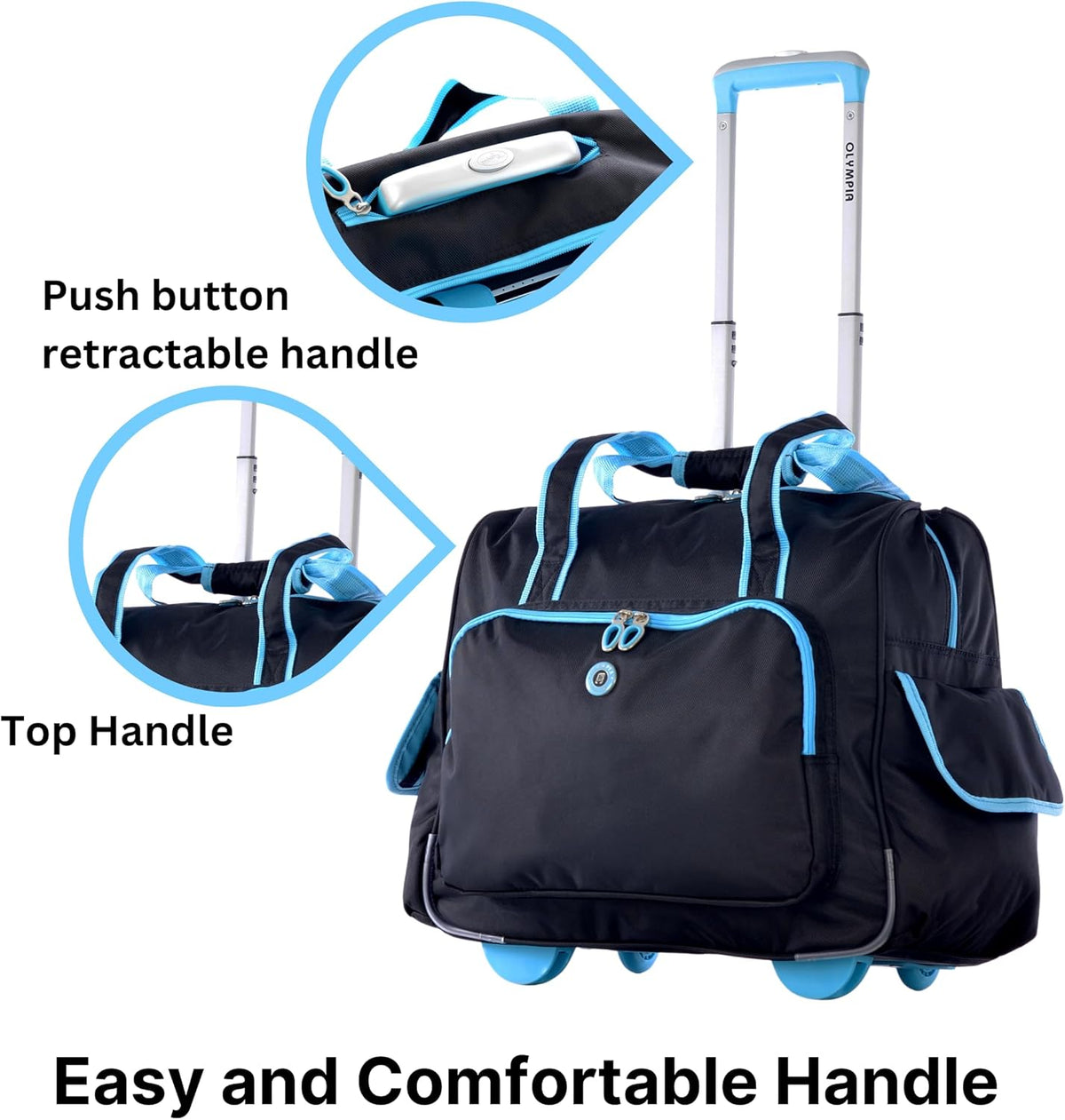. Deluxe Lightweight Rolling Overnighter Case Overnight Laptop Bag Weekender Travel Carry-On Suitcase Luggage with Wheels and Adjustable Push-Down Handle
