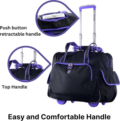 . Deluxe Lightweight Rolling Overnighter Case Overnight Laptop Bag Weekender Travel Carry-On Suitcase Luggage with Wheels and Adjustable Push-Down Handle