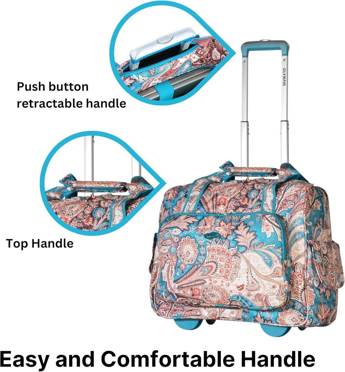 . Deluxe Lightweight Rolling Overnighter Case Overnight Laptop Bag Weekender Travel Carry-On Suitcase Luggage with Wheels and Adjustable Push-Down Handle