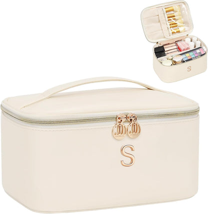 Initial Makeup Bag,Monogram Make up Bag Black Travel Makeup Organizer Case Beauty Toiletry Cosmetic Bag with Brush Holder, Trendy Stuff Personalized Gifts for Women and Girls-D