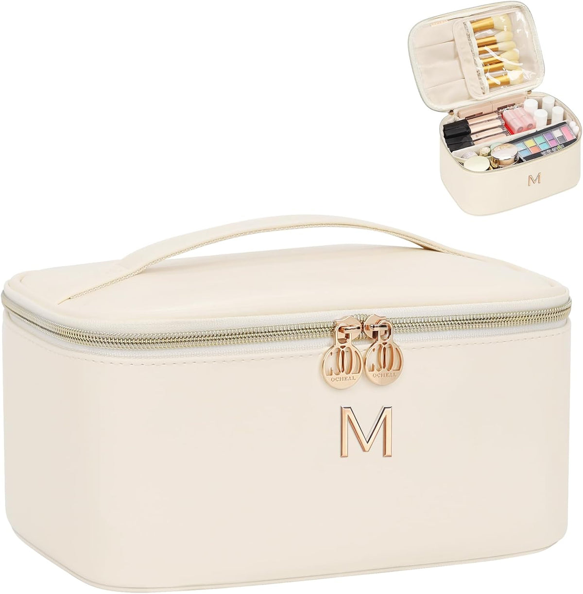 Initial Makeup Bag,Monogram Make up Bag Black Travel Makeup Organizer Case Beauty Toiletry Cosmetic Bag with Brush Holder, Trendy Stuff Personalized Gifts for Women and Girls-D