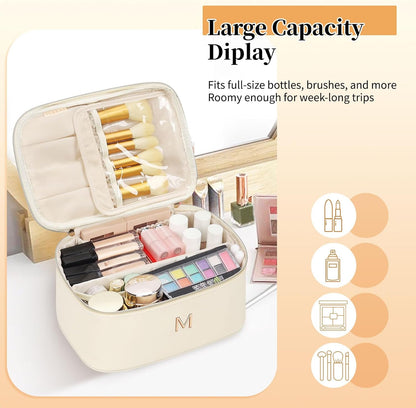 Initial Makeup Bag,Monogram Make up Bag Black Travel Makeup Organizer Case Beauty Toiletry Cosmetic Bag with Brush Holder, Trendy Stuff Personalized Gifts for Women and Girls-D