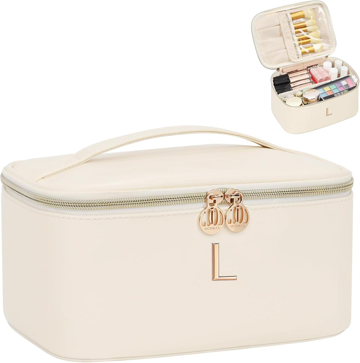 Initial Makeup Bag,Monogram Make up Bag Black Travel Makeup Organizer Case Beauty Toiletry Cosmetic Bag with Brush Holder, Trendy Stuff Personalized Gifts for Women and Girls-D