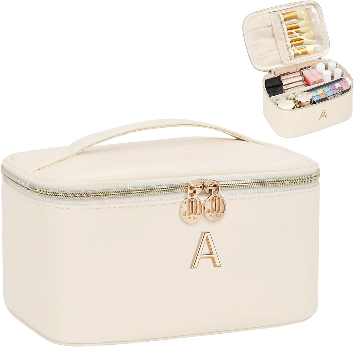 Initial Makeup Bag,Monogram Make up Bag Black Travel Makeup Organizer Case Beauty Toiletry Cosmetic Bag with Brush Holder, Trendy Stuff Personalized Gifts for Women and Girls-D