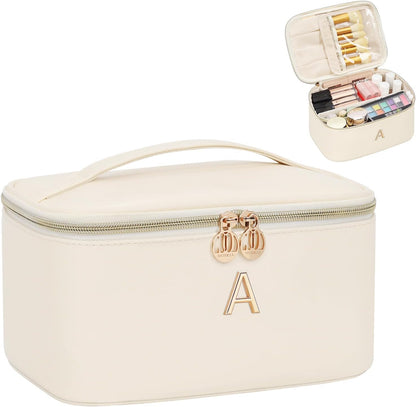 Initial Makeup Bag,Monogram Make up Bag Black Travel Makeup Organizer Case Beauty Toiletry Cosmetic Bag with Brush Holder, Trendy Stuff Personalized Gifts for Women and Girls-D