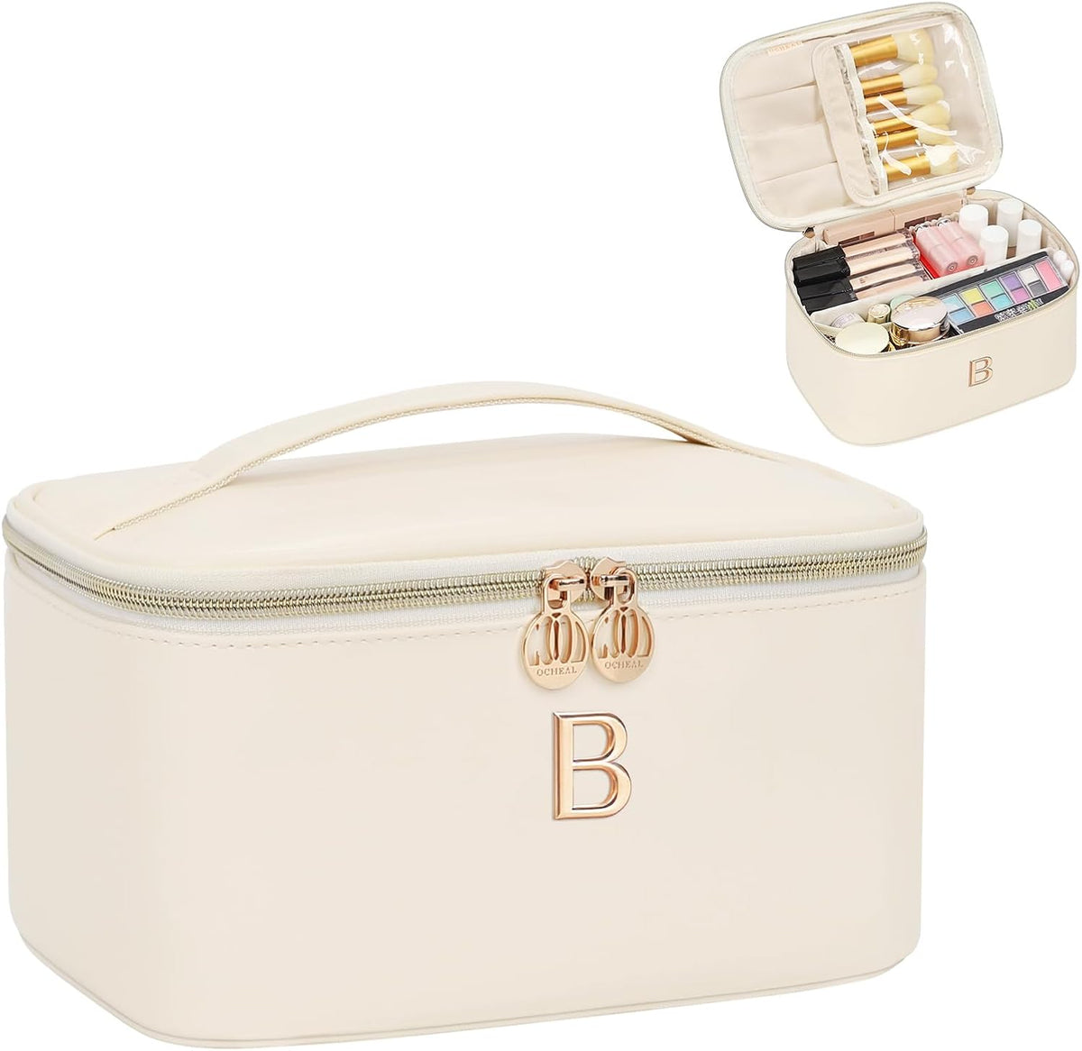 Initial Makeup Bag,Monogram Make up Bag Black Travel Makeup Organizer Case Beauty Toiletry Cosmetic Bag with Brush Holder, Trendy Stuff Personalized Gifts for Women and Girls-D