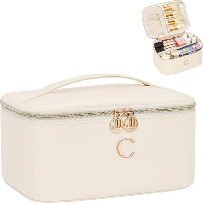 Initial Makeup Bag,Monogram Make up Bag Black Travel Makeup Organizer Case Beauty Toiletry Cosmetic Bag with Brush Holder, Trendy Stuff Personalized Gifts for Women and Girls-D