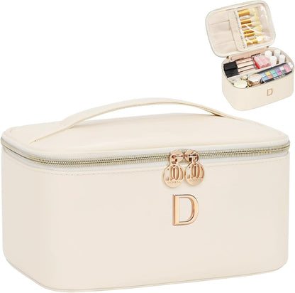 Initial Makeup Bag,Monogram Make up Bag Black Travel Makeup Organizer Case Beauty Toiletry Cosmetic Bag with Brush Holder, Trendy Stuff Personalized Gifts for Women and Girls-D