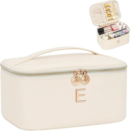 Initial Makeup Bag,Monogram Make up Bag Black Travel Makeup Organizer Case Beauty Toiletry Cosmetic Bag with Brush Holder, Trendy Stuff Personalized Gifts for Women and Girls-D