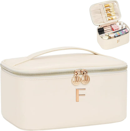 Initial Makeup Bag,Monogram Make up Bag Black Travel Makeup Organizer Case Beauty Toiletry Cosmetic Bag with Brush Holder, Trendy Stuff Personalized Gifts for Women and Girls-D