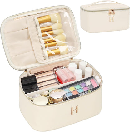 Initial Makeup Bag,Monogram Make up Bag Black Travel Makeup Organizer Case Beauty Toiletry Cosmetic Bag with Brush Holder, Trendy Stuff Personalized Gifts for Women and Girls-D