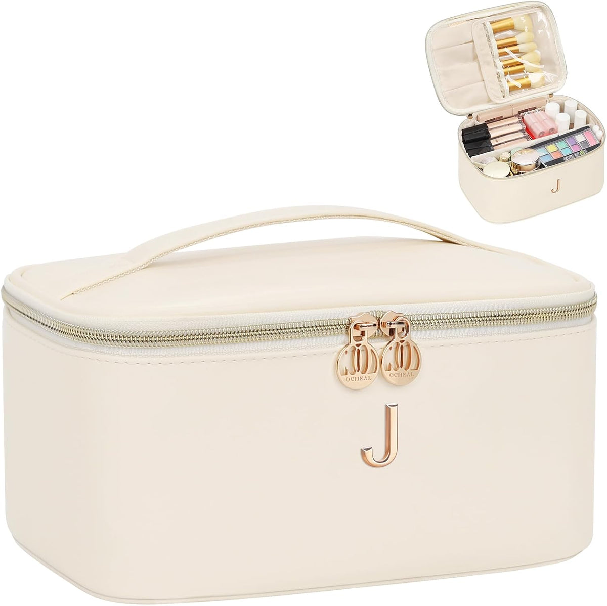 Initial Makeup Bag,Monogram Make up Bag Black Travel Makeup Organizer Case Beauty Toiletry Cosmetic Bag with Brush Holder, Trendy Stuff Personalized Gifts for Women and Girls-D