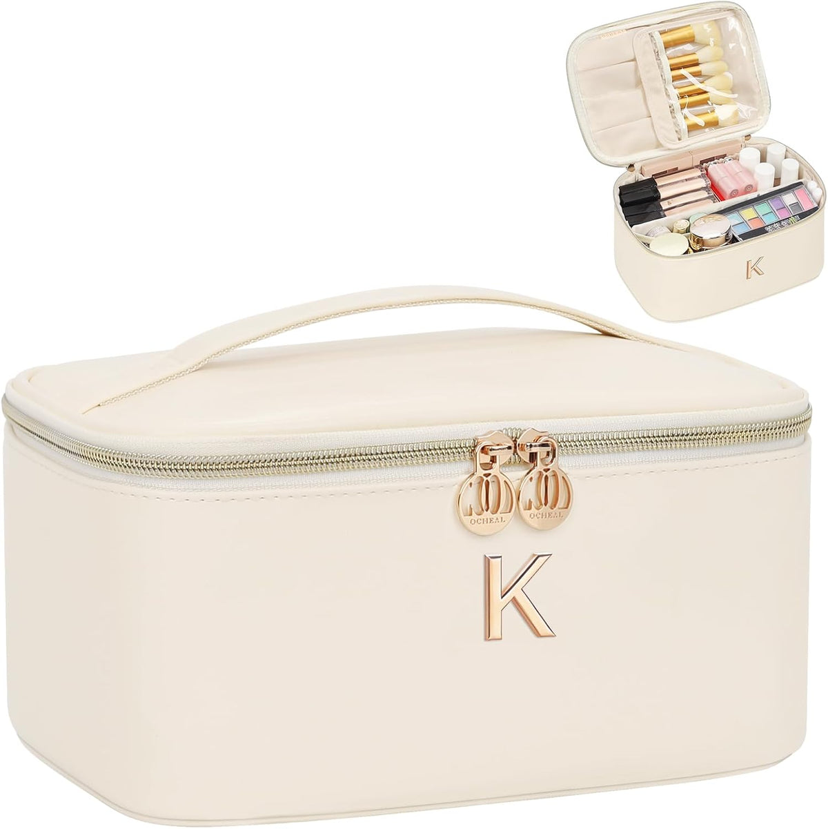 Initial Makeup Bag,Monogram Make up Bag Black Travel Makeup Organizer Case Beauty Toiletry Cosmetic Bag with Brush Holder, Trendy Stuff Personalized Gifts for Women and Girls-D