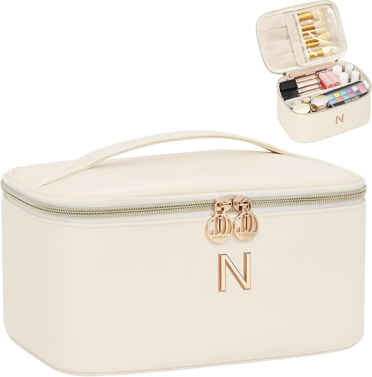 Initial Makeup Bag,Monogram Make up Bag Black Travel Makeup Organizer Case Beauty Toiletry Cosmetic Bag with Brush Holder, Trendy Stuff Personalized Gifts for Women and Girls-D