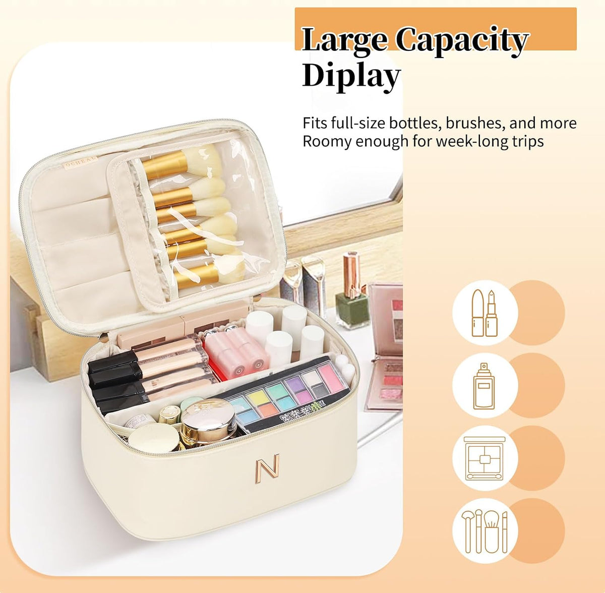 Initial Makeup Bag,Monogram Make up Bag Black Travel Makeup Organizer Case Beauty Toiletry Cosmetic Bag with Brush Holder, Trendy Stuff Personalized Gifts for Women and Girls-D