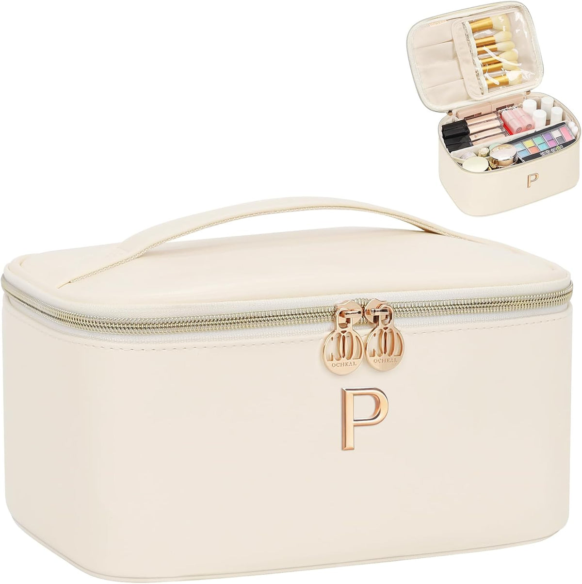 Initial Makeup Bag,Monogram Make up Bag Black Travel Makeup Organizer Case Beauty Toiletry Cosmetic Bag with Brush Holder, Trendy Stuff Personalized Gifts for Women and Girls-D