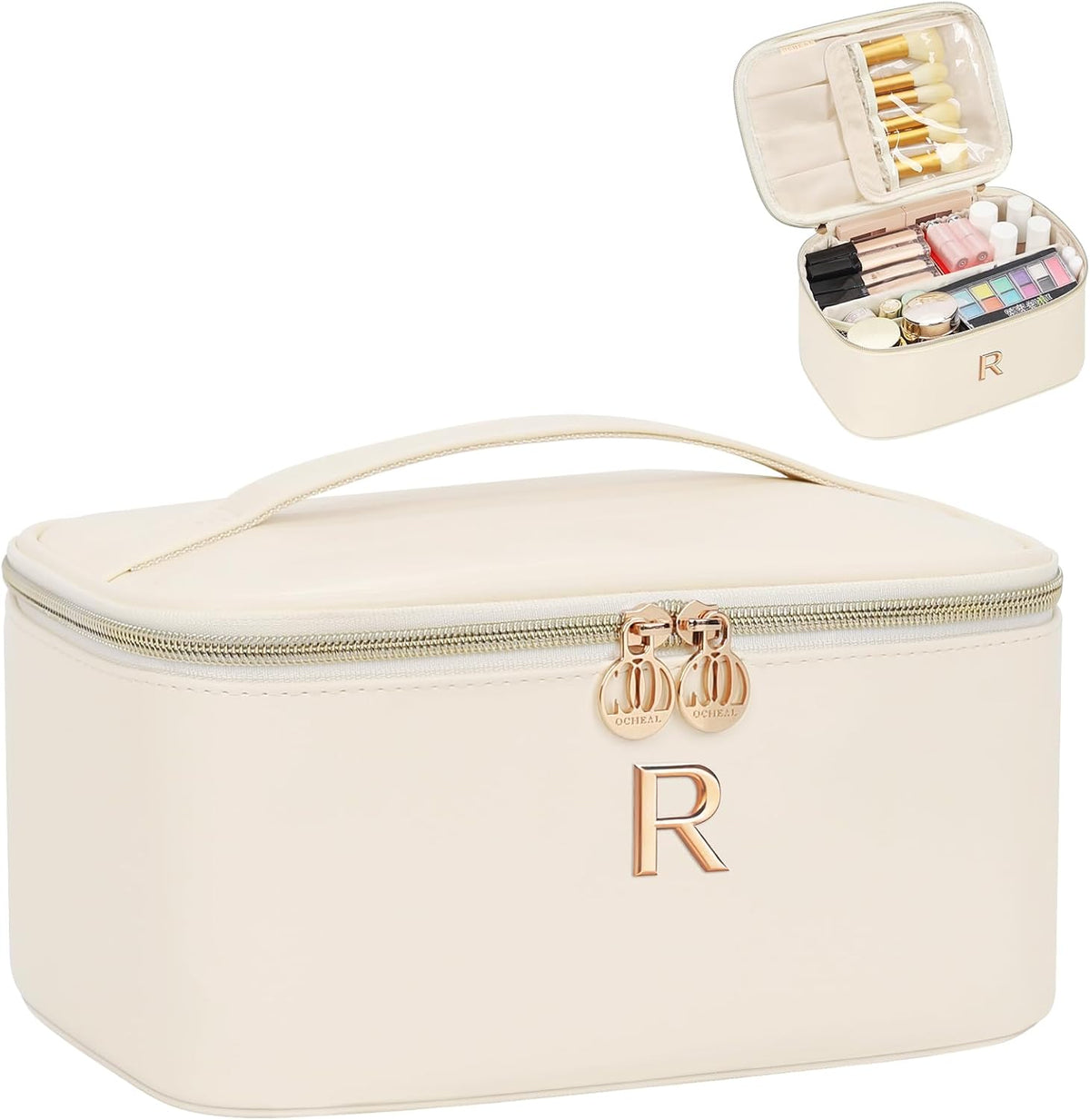 Initial Makeup Bag,Monogram Make up Bag Black Travel Makeup Organizer Case Beauty Toiletry Cosmetic Bag with Brush Holder, Trendy Stuff Personalized Gifts for Women and Girls-D