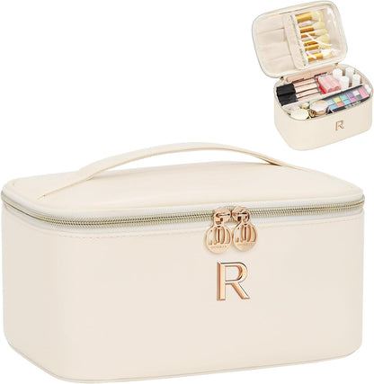 Initial Makeup Bag,Monogram Make up Bag Black Travel Makeup Organizer Case Beauty Toiletry Cosmetic Bag with Brush Holder, Trendy Stuff Personalized Gifts for Women and Girls-D