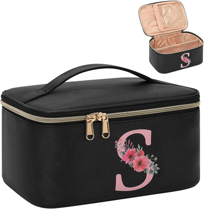 Initial Makeup Bag,Monogram Make up Bag Black Travel Makeup Organizer Case Beauty Toiletry Cosmetic Bag with Brush Holder, Trendy Stuff Personalized Gifts for Women and Girls-D