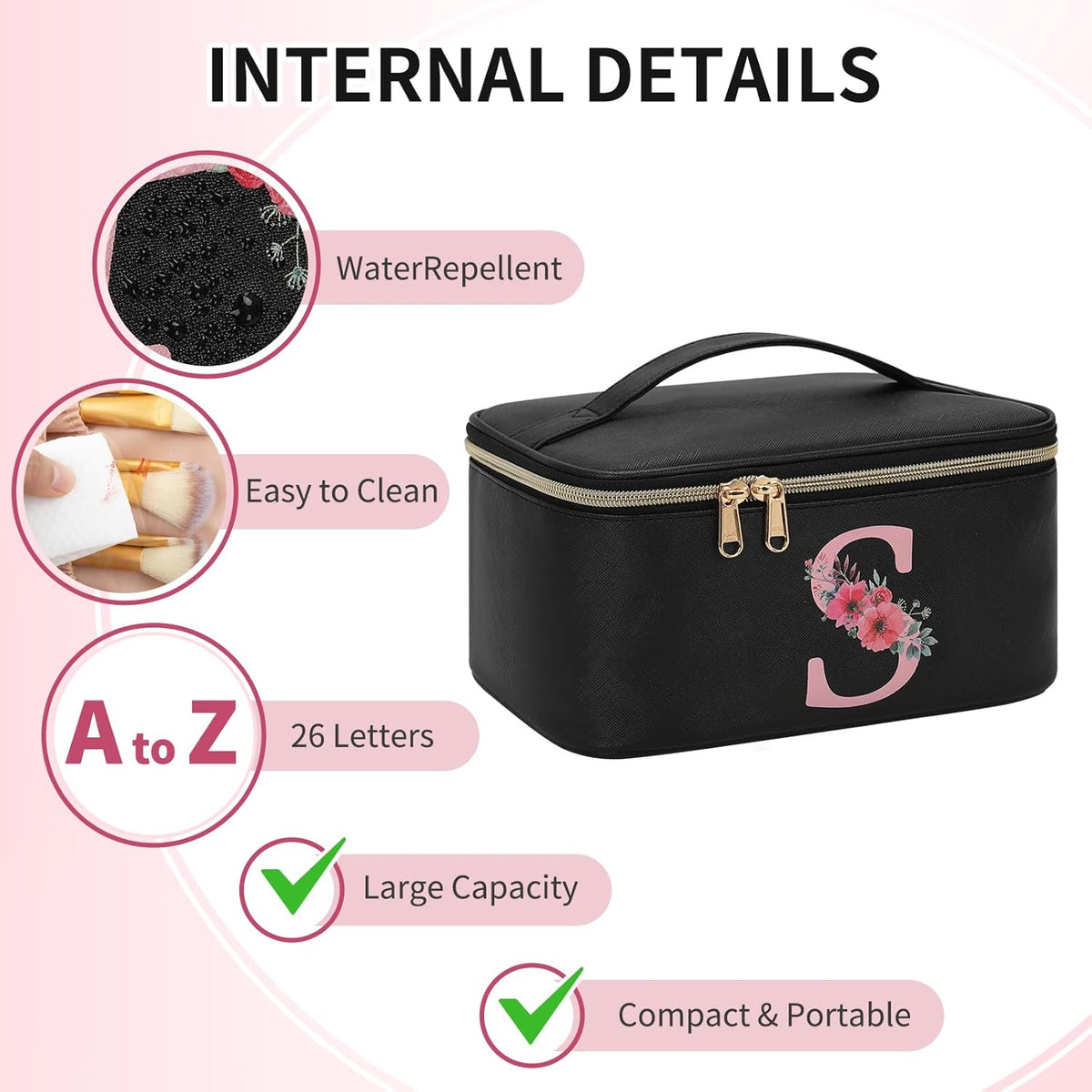 Initial Makeup Bag,Monogram Make up Bag Black Travel Makeup Organizer Case Beauty Toiletry Cosmetic Bag with Brush Holder, Trendy Stuff Personalized Gifts for Women and Girls-D