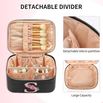 Initial Makeup Bag,Monogram Make up Bag Black Travel Makeup Organizer Case Beauty Toiletry Cosmetic Bag with Brush Holder, Trendy Stuff Personalized Gifts for Women and Girls-D