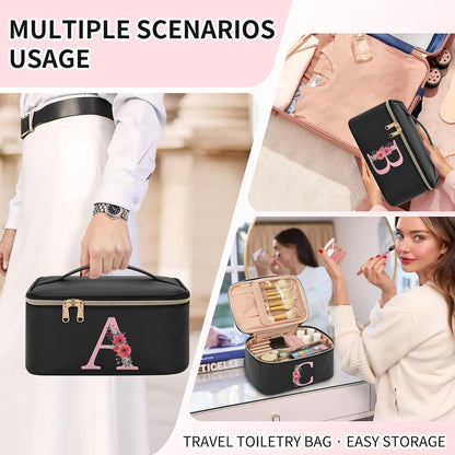Initial Makeup Bag,Monogram Make up Bag Black Travel Makeup Organizer Case Beauty Toiletry Cosmetic Bag with Brush Holder, Trendy Stuff Personalized Gifts for Women and Girls-D