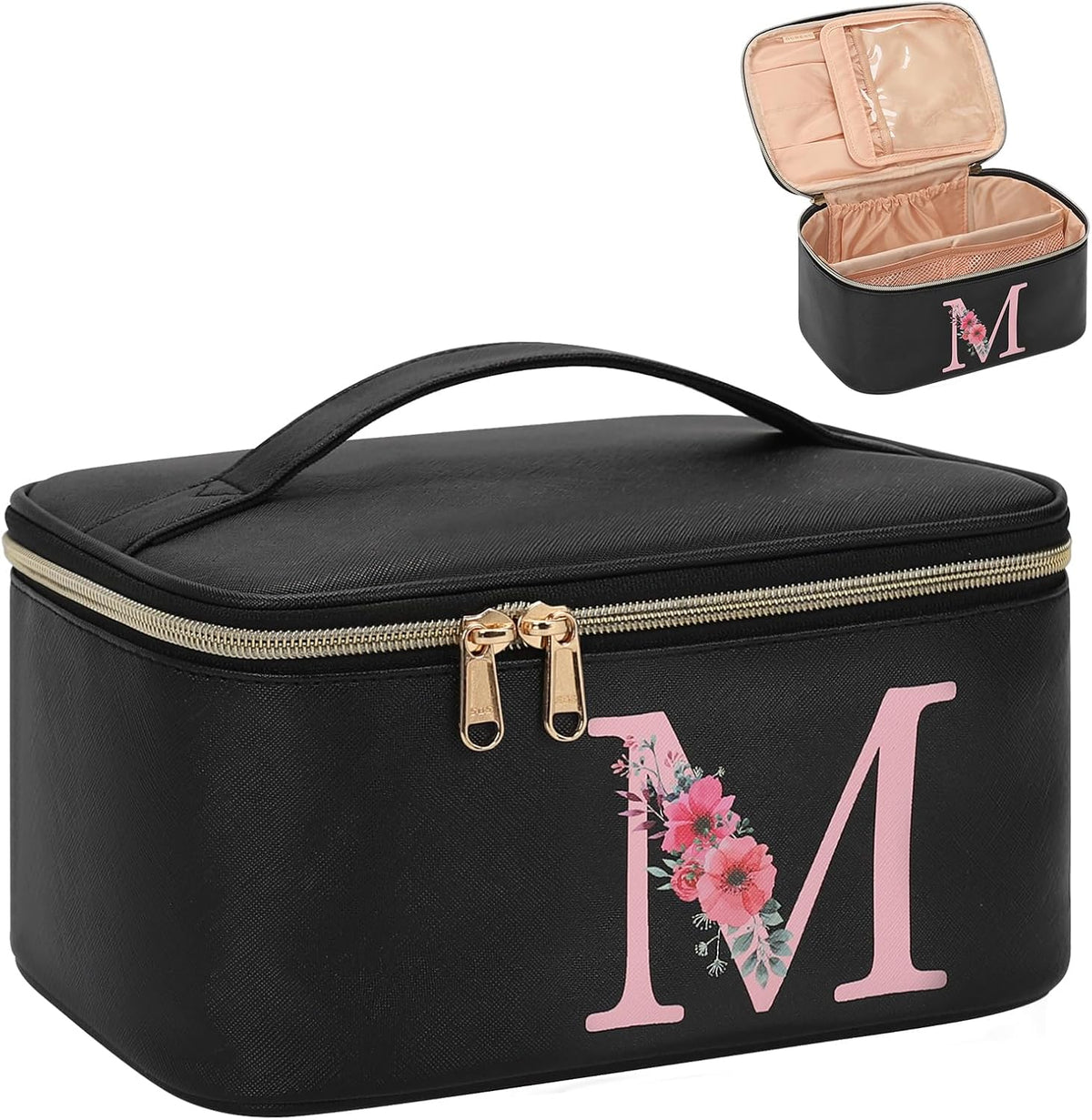 Initial Makeup Bag,Monogram Make up Bag Black Travel Makeup Organizer Case Beauty Toiletry Cosmetic Bag with Brush Holder, Trendy Stuff Personalized Gifts for Women and Girls-D