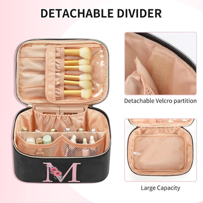 Initial Makeup Bag,Monogram Make up Bag Black Travel Makeup Organizer Case Beauty Toiletry Cosmetic Bag with Brush Holder, Trendy Stuff Personalized Gifts for Women and Girls-D