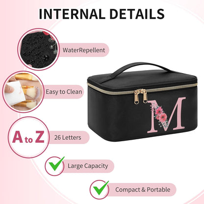 Initial Makeup Bag,Monogram Make up Bag Black Travel Makeup Organizer Case Beauty Toiletry Cosmetic Bag with Brush Holder, Trendy Stuff Personalized Gifts for Women and Girls-D