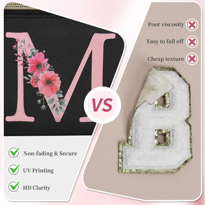 Initial Makeup Bag,Monogram Make up Bag Black Travel Makeup Organizer Case Beauty Toiletry Cosmetic Bag with Brush Holder, Trendy Stuff Personalized Gifts for Women and Girls-D