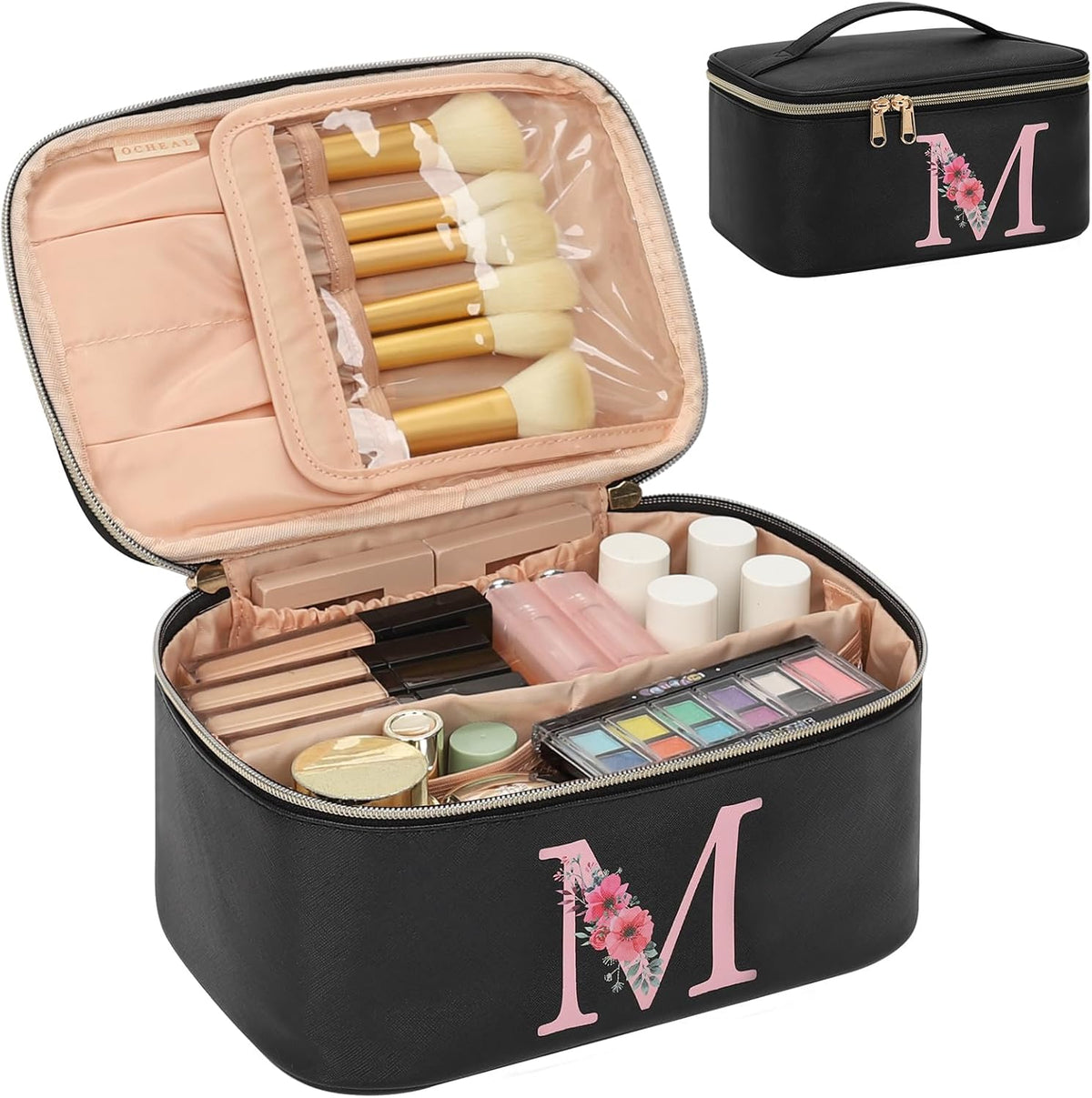 Initial Makeup Bag,Monogram Make up Bag Black Travel Makeup Organizer Case Beauty Toiletry Cosmetic Bag with Brush Holder, Trendy Stuff Personalized Gifts for Women and Girls-D