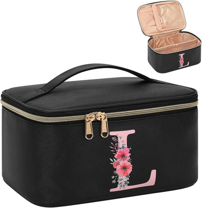 Initial Makeup Bag,Monogram Make up Bag Black Travel Makeup Organizer Case Beauty Toiletry Cosmetic Bag with Brush Holder, Trendy Stuff Personalized Gifts for Women and Girls-D