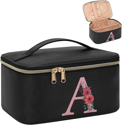 Initial Makeup Bag,Monogram Make up Bag Black Travel Makeup Organizer Case Beauty Toiletry Cosmetic Bag with Brush Holder, Trendy Stuff Personalized Gifts for Women and Girls-D