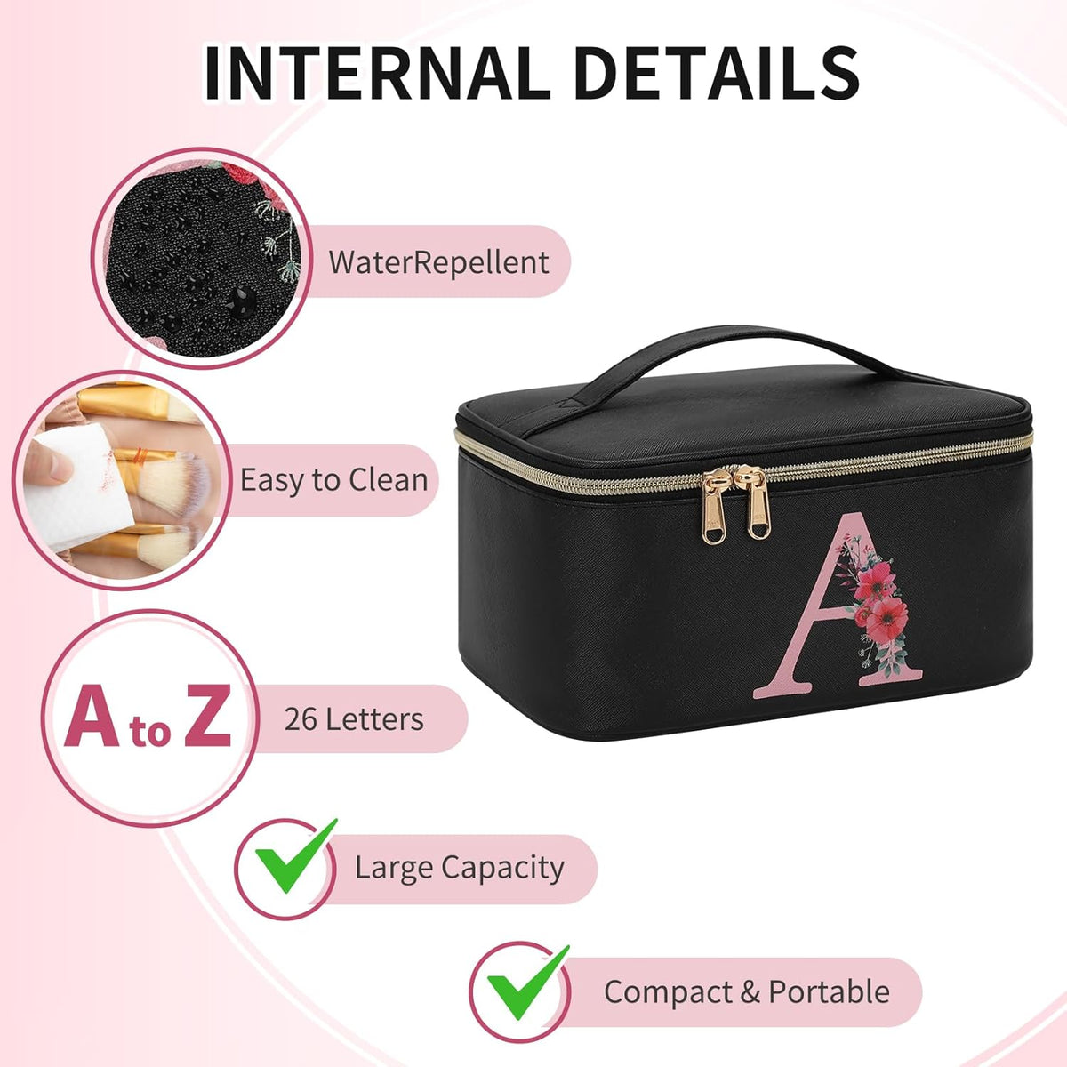 Initial Makeup Bag,Monogram Make up Bag Black Travel Makeup Organizer Case Beauty Toiletry Cosmetic Bag with Brush Holder, Trendy Stuff Personalized Gifts for Women and Girls-D