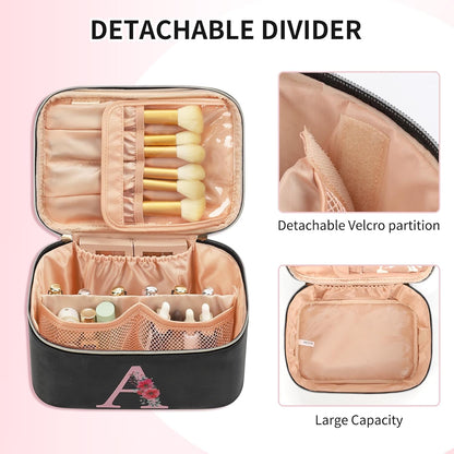Initial Makeup Bag,Monogram Make up Bag Black Travel Makeup Organizer Case Beauty Toiletry Cosmetic Bag with Brush Holder, Trendy Stuff Personalized Gifts for Women and Girls-D
