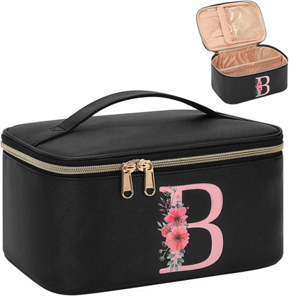 Initial Makeup Bag,Monogram Make up Bag Black Travel Makeup Organizer Case Beauty Toiletry Cosmetic Bag with Brush Holder, Trendy Stuff Personalized Gifts for Women and Girls-D
