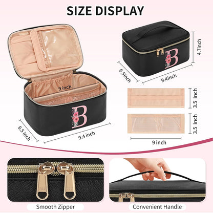 Initial Makeup Bag,Monogram Make up Bag Black Travel Makeup Organizer Case Beauty Toiletry Cosmetic Bag with Brush Holder, Trendy Stuff Personalized Gifts for Women and Girls-D