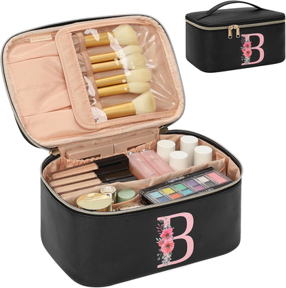Initial Makeup Bag,Monogram Make up Bag Black Travel Makeup Organizer Case Beauty Toiletry Cosmetic Bag with Brush Holder, Trendy Stuff Personalized Gifts for Women and Girls-D