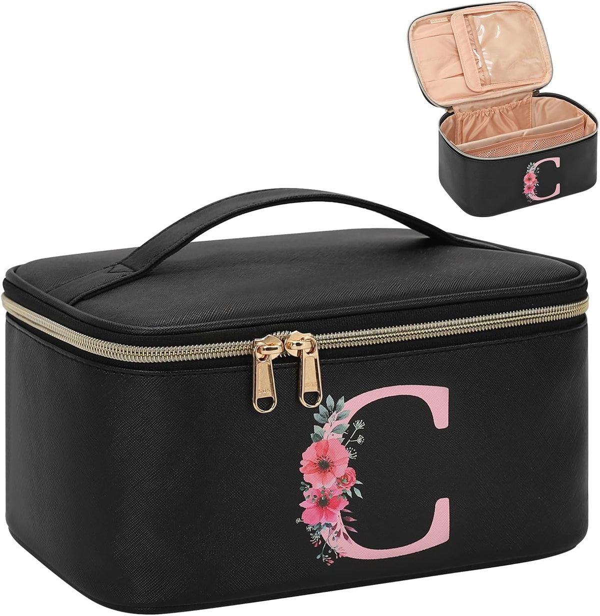 Initial Makeup Bag,Monogram Make up Bag Black Travel Makeup Organizer Case Beauty Toiletry Cosmetic Bag with Brush Holder, Trendy Stuff Personalized Gifts for Women and Girls-D