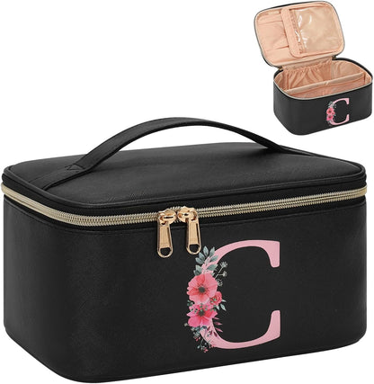 Initial Makeup Bag,Monogram Make up Bag Black Travel Makeup Organizer Case Beauty Toiletry Cosmetic Bag with Brush Holder, Trendy Stuff Personalized Gifts for Women and Girls-D