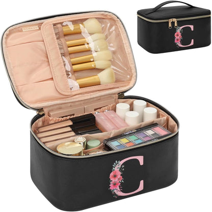 Initial Makeup Bag,Monogram Make up Bag Black Travel Makeup Organizer Case Beauty Toiletry Cosmetic Bag with Brush Holder, Trendy Stuff Personalized Gifts for Women and Girls-D